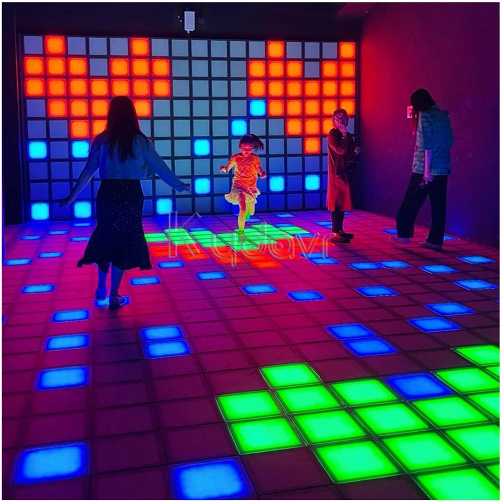 A close up of the interactive floor tiles for the 'Floor is Lava' game.