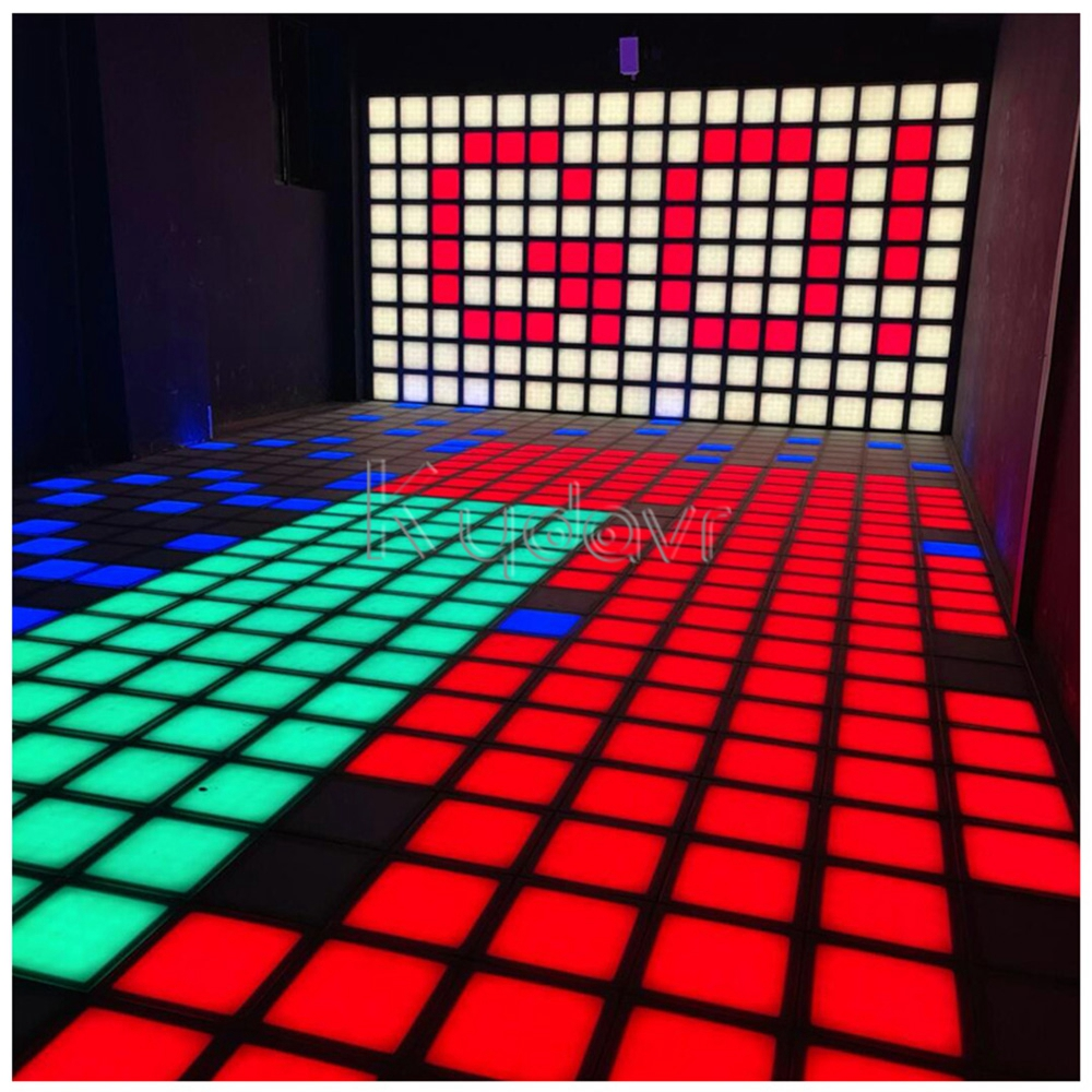 A vibrant, interactive floor with glowing red and blue tiles.